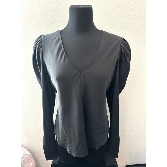 FRAME | 100% Silk Black Puff Sleeve V-Neck Blouse | Size Medium - Picture 2 of 8